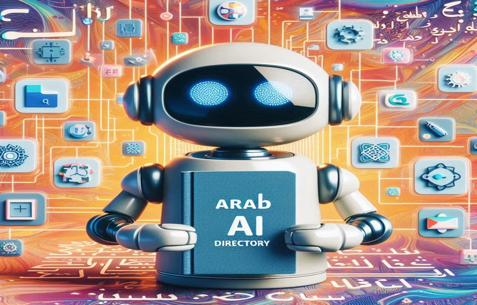 روبوت يحمل كتاب مكتوب على غلافه "Arab AI Directory" يرمز إلى دليل شرح أدوات ومواقع الذكاء الاصطناعي عبر منصة tester.aiarabai.com.