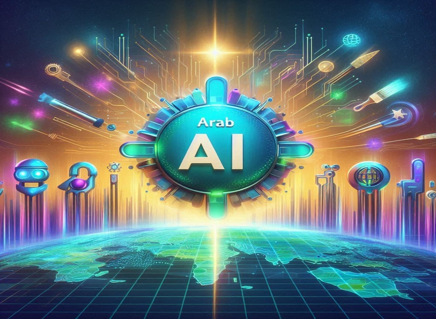 صورة تُجسد إطلاق قسم أدوات الذكاء الاصطناعي من Arab AI، مُصممة بألوان زاهية.