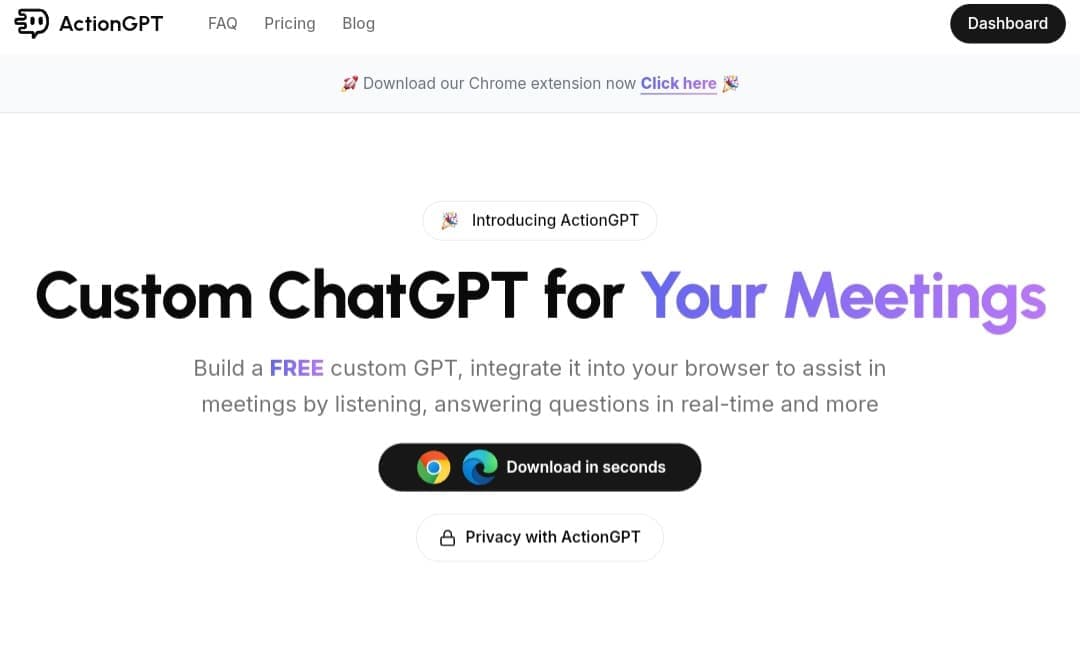 Screenshot of the ActionGPT interface, showing written text 'Custom ChatGPT for Your Meetings'.