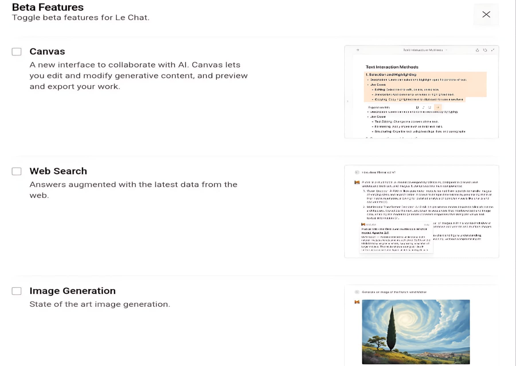 المزايا التجريبية الجديدة في Le Chat: البحث عبر الإنترنت، Canvas، وتوليد صور الذكاء الاصطناعي