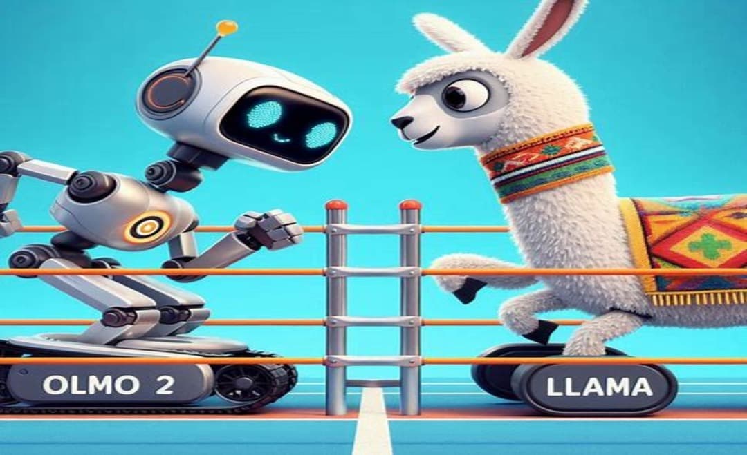 صورة تمثيل فني تُظهر مُنافسة أداء نماذج الذكاء الاصطناعي: OLMo 2 ضد Llama