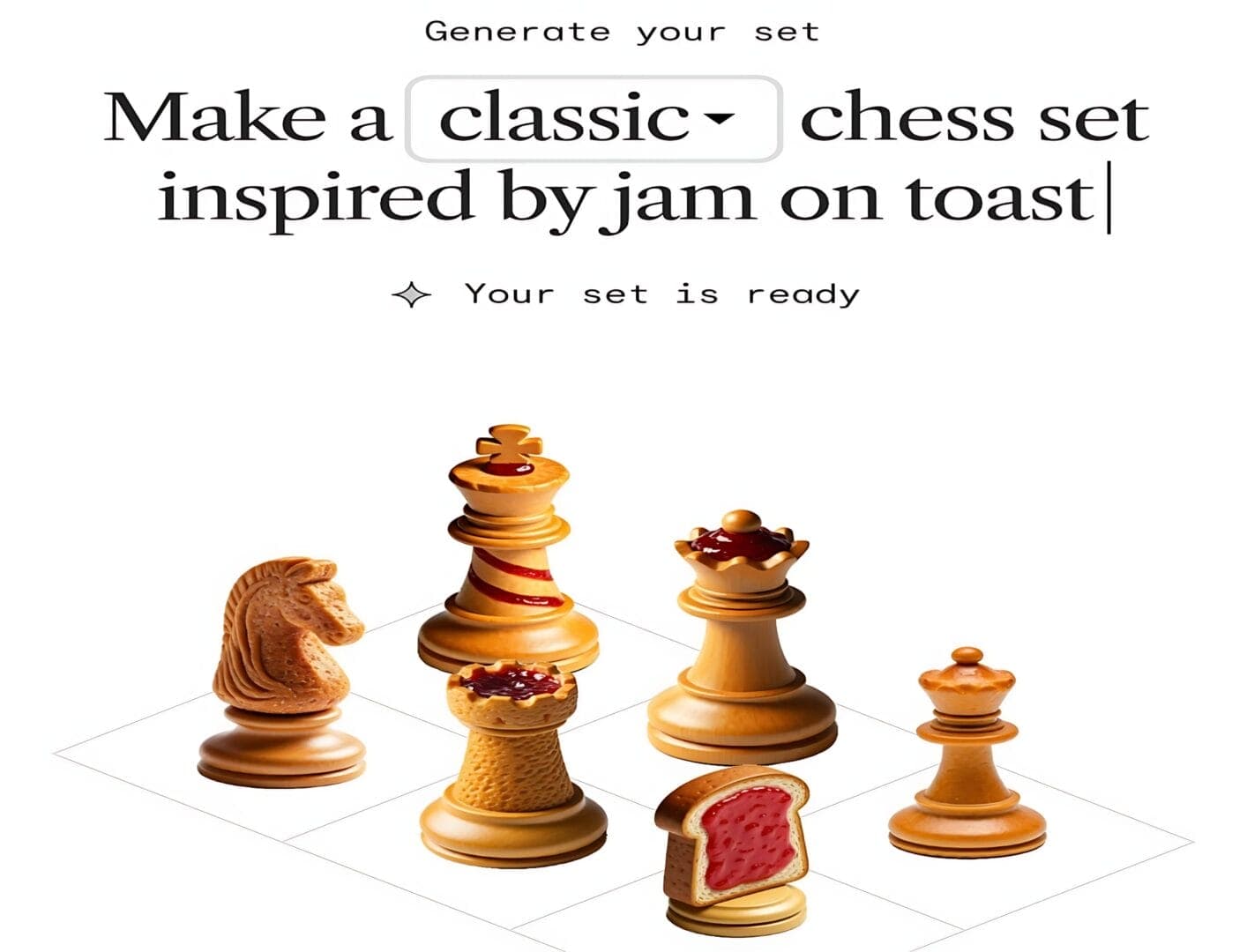 واجهة أداة GenChess في Google Labs، مع قطع شطرنج مستوحاة من المربى على التوست