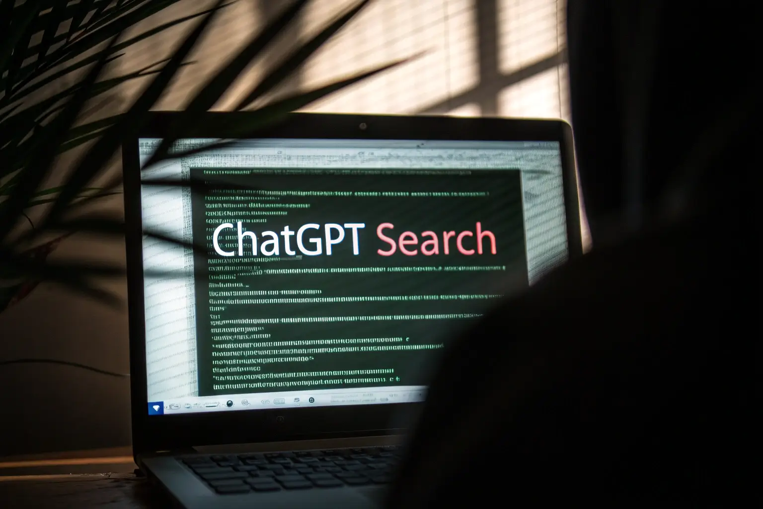 صورة رمزية لشاشة كمبيوتر تعرض كلمة "ChatGPT Search" مع نصوص برمجية تُشير إلى التلاعب بالمحتوى المخفي.