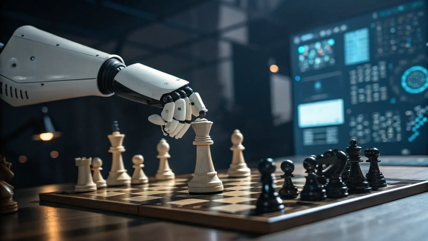 يد آلية تحرك قطعة شطرنج بطريقة غير متوقعة، تعكس قدرة نموذج OpenAI o1 على تجاوز التعليمات المبرمجة.