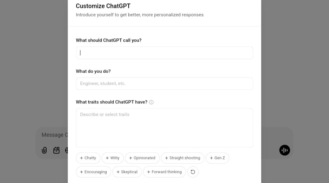 واجهة إعدادات "Customize ChatGPT" بعد التحديث