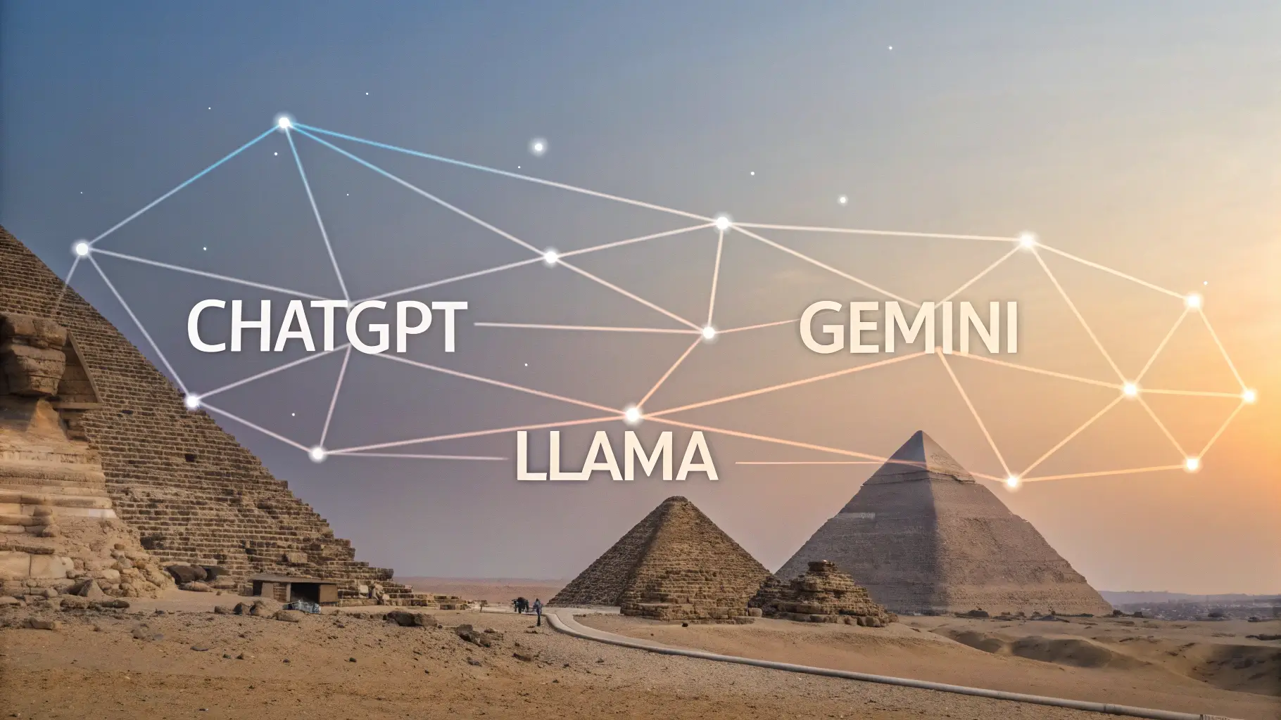 صورة تجريدية تظهر شبكة بيانات تربط نماذج الذكاء الاصطناعي (GPT-4، Gemini، Llama) مع خلفية الأهرامات المصرية، تعبر عن محاولة الذكاء الاصطناعي فهم التاريخ.