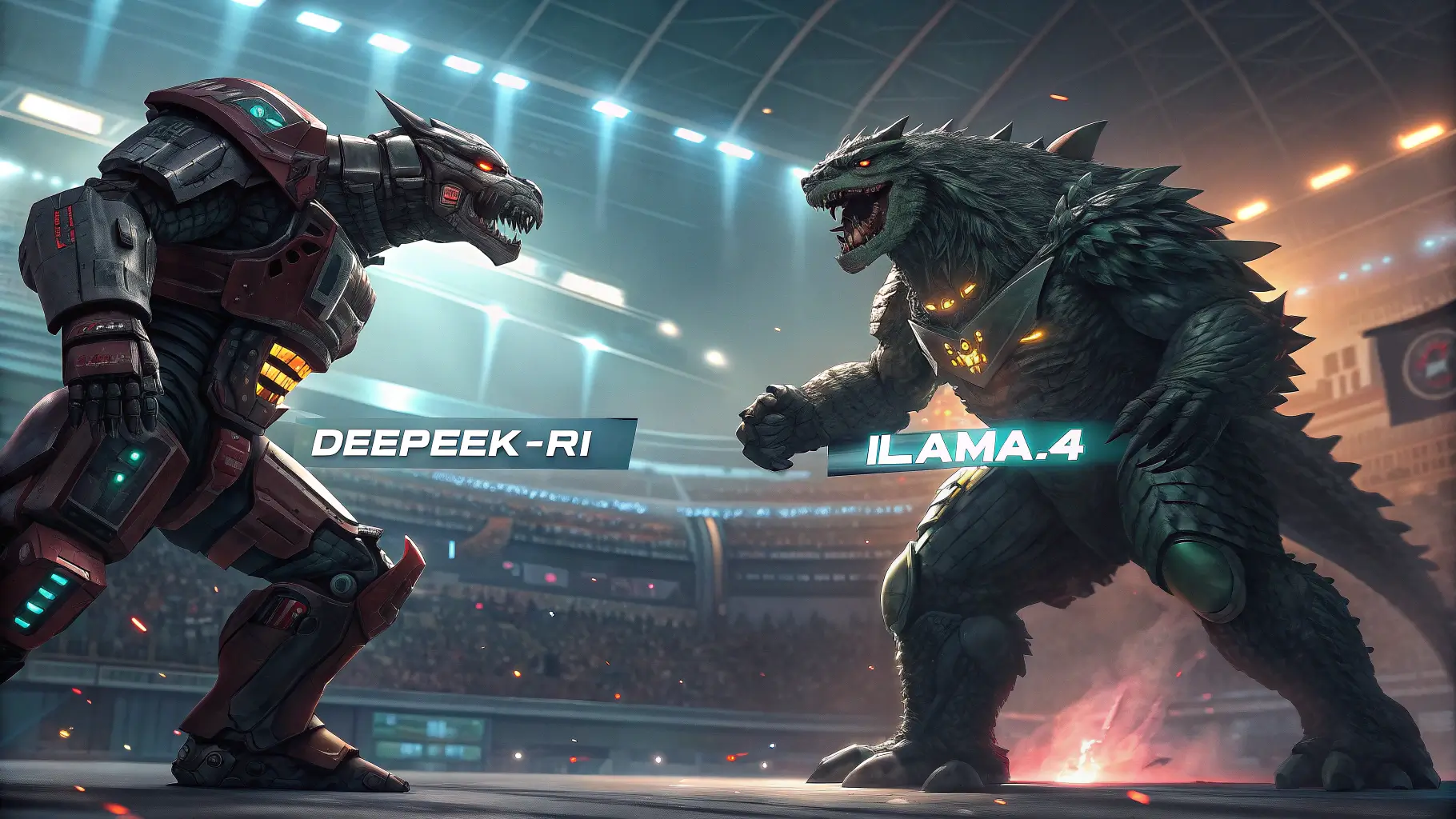 صورة توضيحية لمعركة شرسة بين وحشين يمثلان نموذجي الذكاء الاصطناعي DeepSeek-R1 و Llama-4 في ساحة قتال مستقبلية.