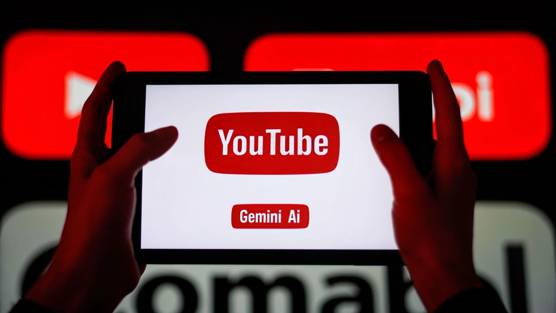 شعار يوتيوب مع نص Gemini AI على جهاز لوحي، يمثل قدرة Gemini AI على تحليل فيديوهات يوتيوب.