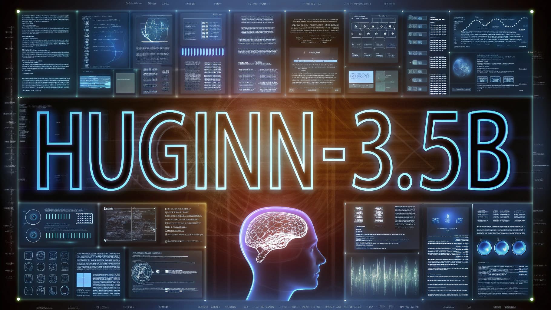 تجسيد لتقنية التفكير الكامن في صورة ذكاء اصطناعي: نص 'Huginn-3.5B' بخط مستقبلي وخلفية رأس بشري ظلي يحوي دماغ رقمي متوهج.