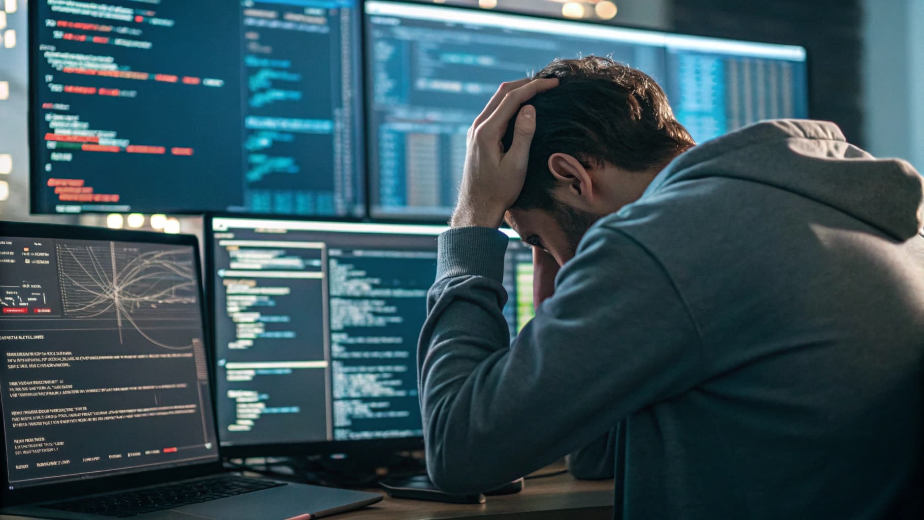 مبرمج محبط يضع رأسه بين يديه أمام شاشات تعرض أكواد برمجية معقدة، تعبيراً عن تراجع جودة الأكواد والمشاكل الناتجة عن الاعتماد المفرط على أدوات البرمجة بالذكاء الاصطناعي