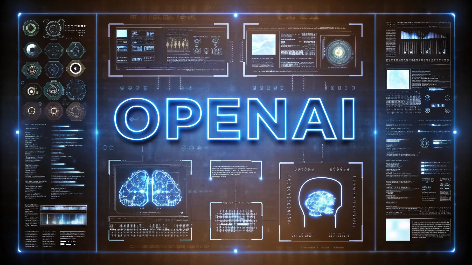 واجهة مستخدم تكنولوجية مستقبلية باللونين الأزرق والأسود مع كلمة 'OPENAI' بخط نيون مضيء