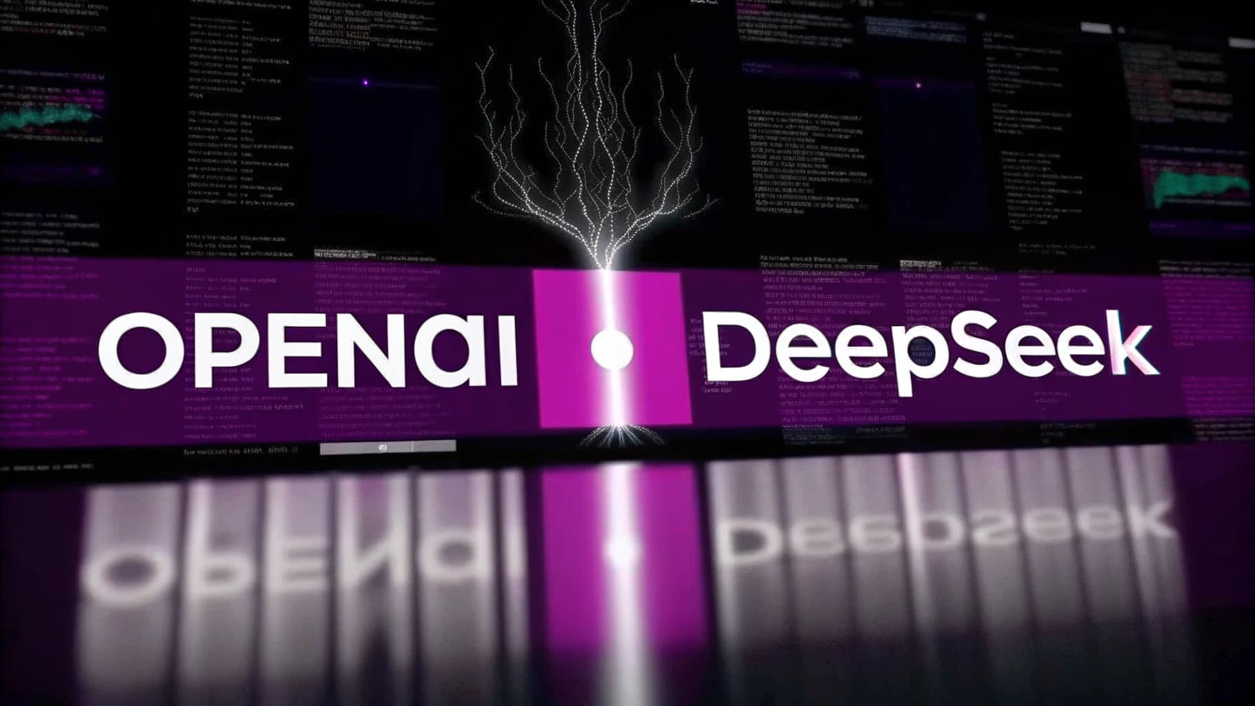 رسم توضيحي يظهر كلمتي "OPENAI" و "DeepSeek" على خلفية تقنية بنفسجية، يمثل الصراع في مجال الذكاء الاصطناعي ودعوة أوبن إيه آي لحظر ديب سيك بسبب مخاوف أمنية.