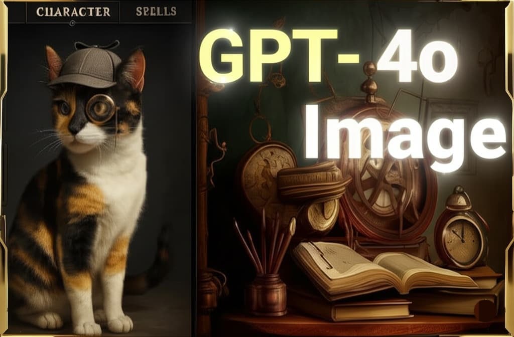 مثال على توليد وتعديل الصور بنموذج GPT-4o داخل ChatGPT: قطة ترتدي قبعة محقق ونظارة أحادية في واجهة مستخدم بجانب نص GPT-4o Image