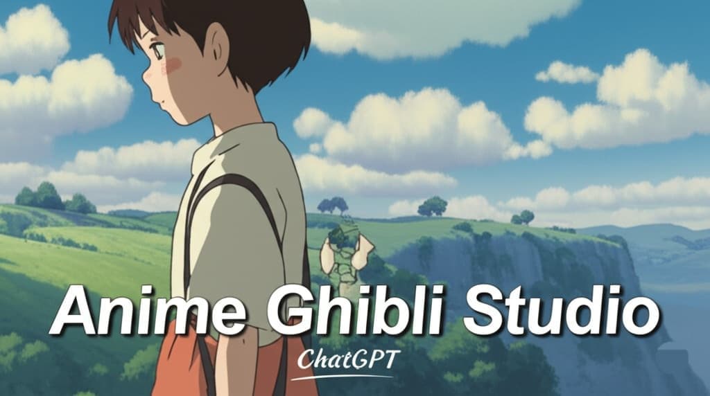 إنشاء صور بأسلوب أنمي استوديو جيبلي باستخدام ChatGPT GPT-4o، تظهر شخصية أنمي في منظر طبيعي خلاب مع شعار "Anime Ghibli Studio ChatGPT".