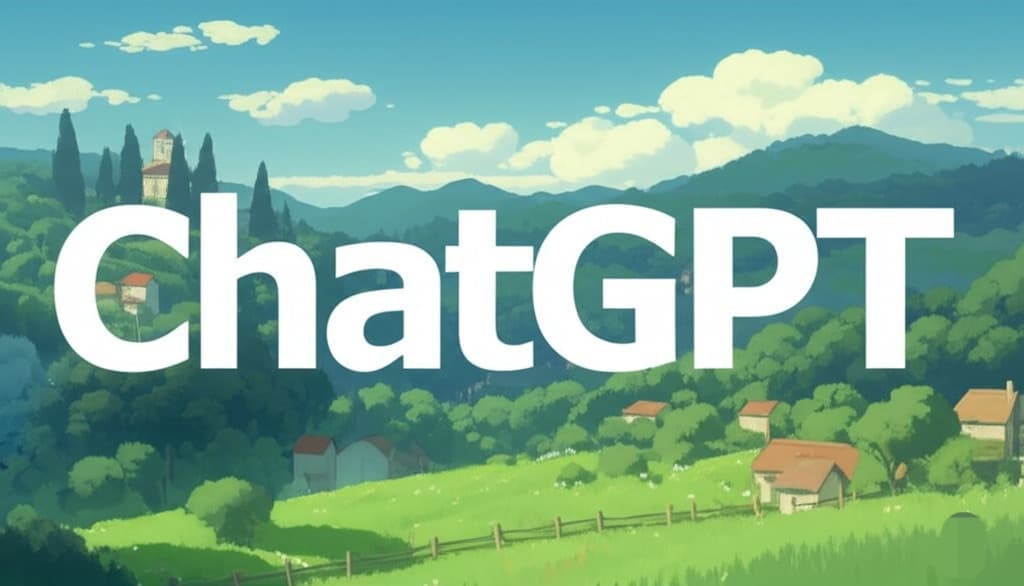 كلمة نصية "ChatGPT" مع خلفية بأسلوب، Ghibli Studio، تعكس قدرة المنصة على توليد هذا النمط الياباني