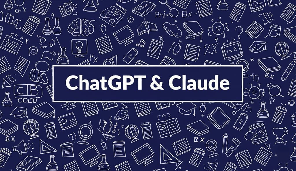 Written text "ChatGPT" and "Claude" over a blue background with educational and scientific icon patterns, symbolizing AI initiatives in education.