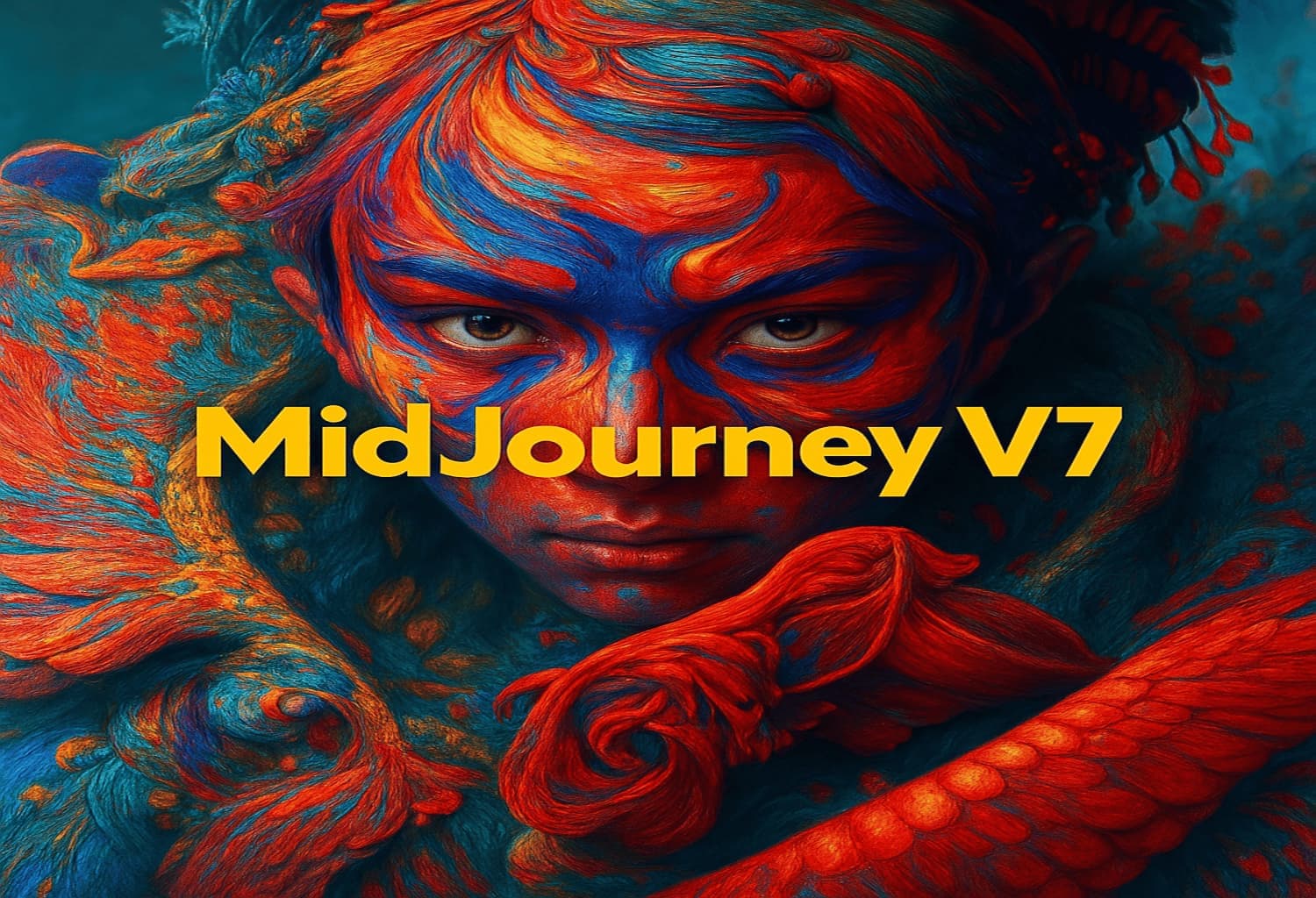 صورة فنية لوجه بتفاصيل معقدة وألوان زاهية (أحمر وأزرق) تعكس قدرات نموذج Midjourney V7 الجديد