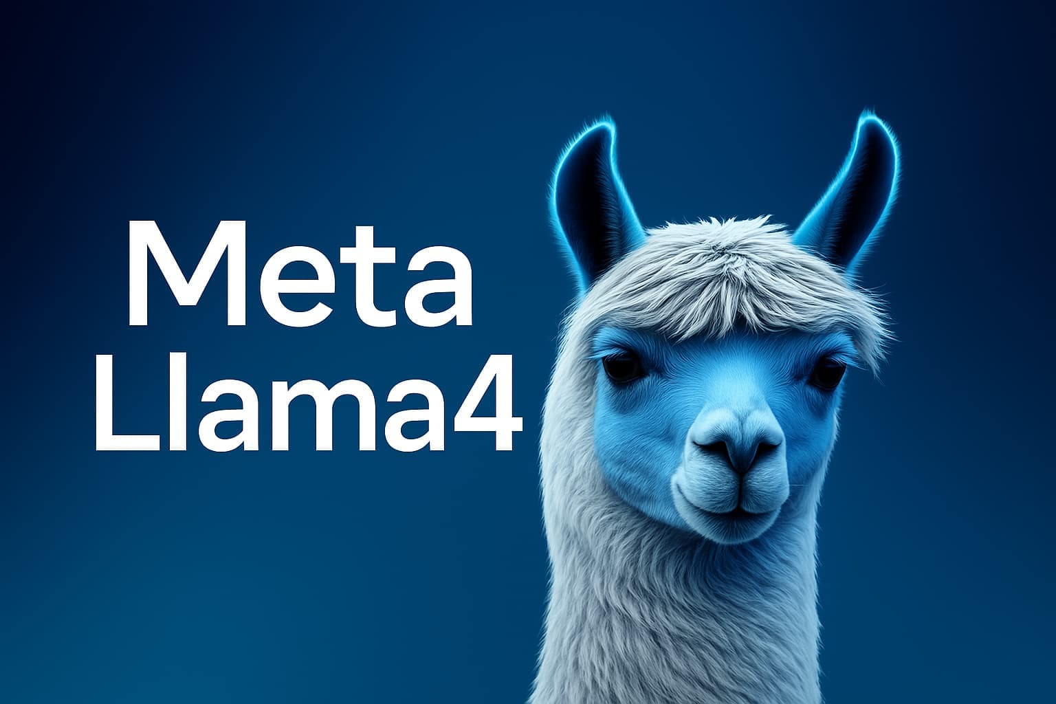 White "Meta Llama4" text beside an artistic blue and white llama head representing the launch of Meta's new AI models on a blue background.