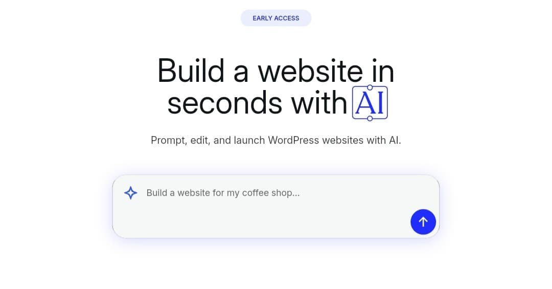 The WordPress AI site builder interface, showing the headline “Build a website in seconds” with a box to enter a description.