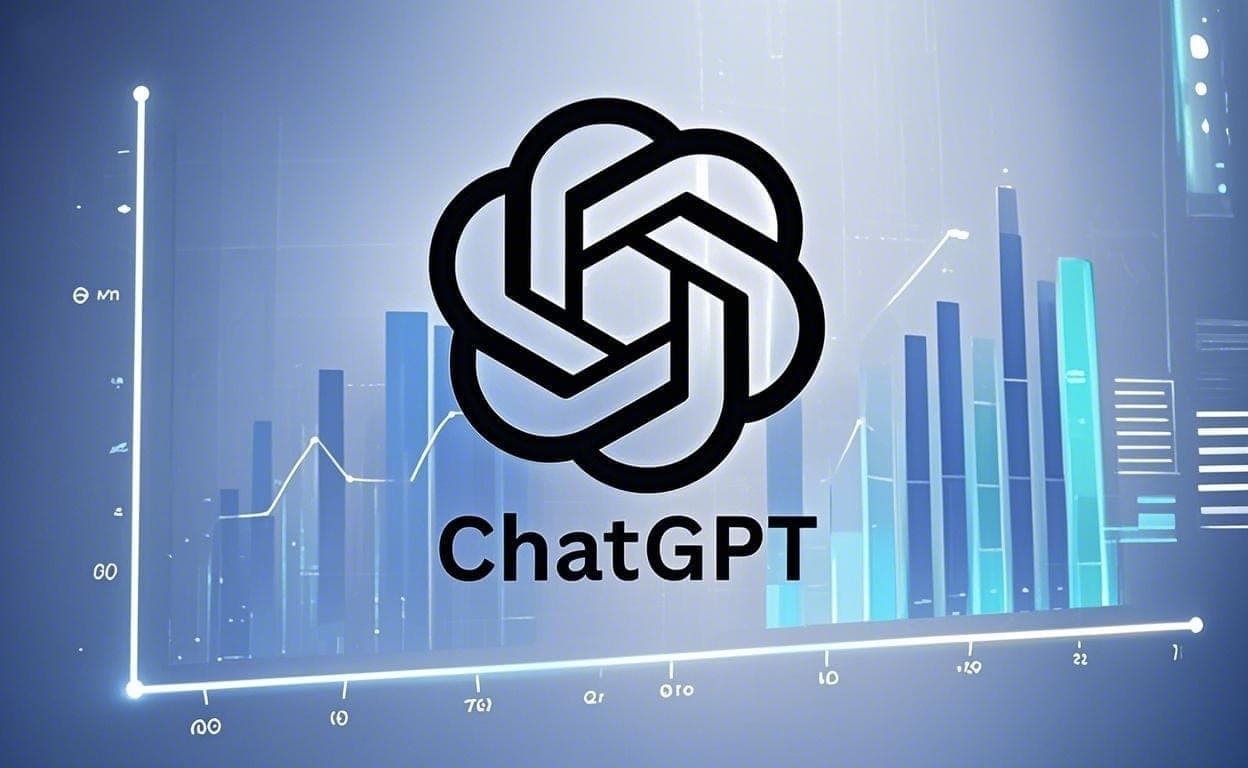 شعار تطبيق ChatGPT فوق رسم بياني يوضح نموًا متزايدًا في الأداء أو التنزيلات