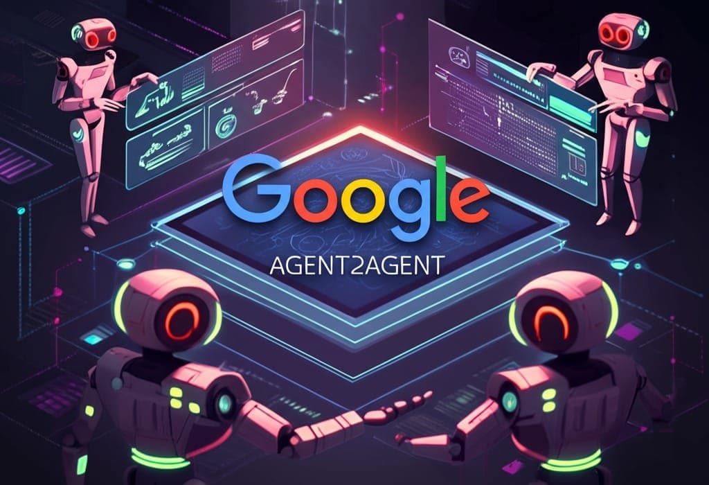 روبوتات تمثل وكلاء الذكاء الاصطناعي تتفاعل حول شعار جوجل و بروتوكول Agent2Agent (A2A) لتعزيز التواصل بين الأنظمة.