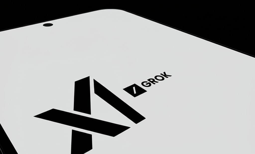 شعار xAI وشعار Grok معروض على سطح جهاز أبيض لامع