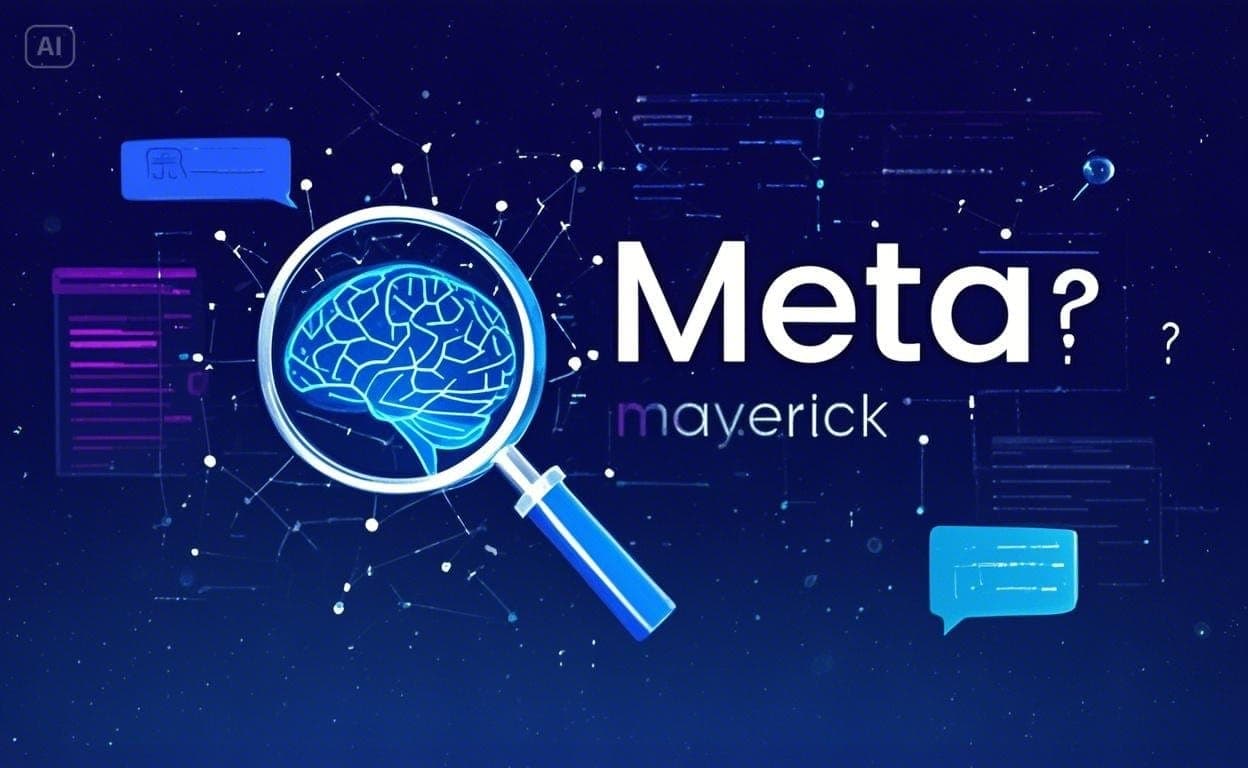 عدسة مكبرة تفحص دماغاً رقمياً، مع كلمتي Meta و maverick، تمثل التقييم والتساؤلات حول أداء نموذج ميتا للذكاء الاصطناعي Llama-4.