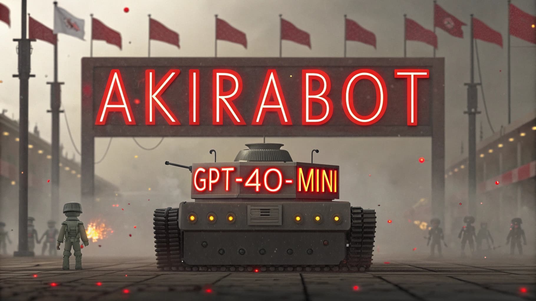Conceptual image of the AkiraBot spam attack: A GPT-4o-mini tank under an AkiraBot banner, symbolizing the AI-powered spam campaign.