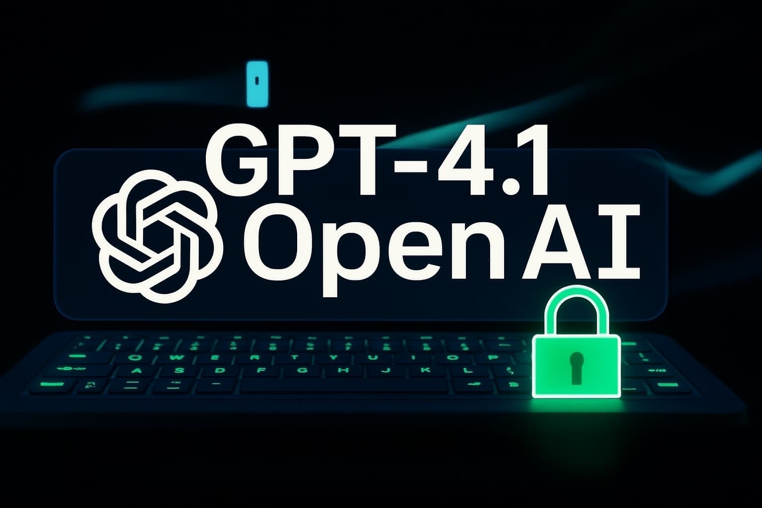 OpenAI logo and GPT-4.1 text displayed on a laptop screen above an illuminated keyboard and padlock icon