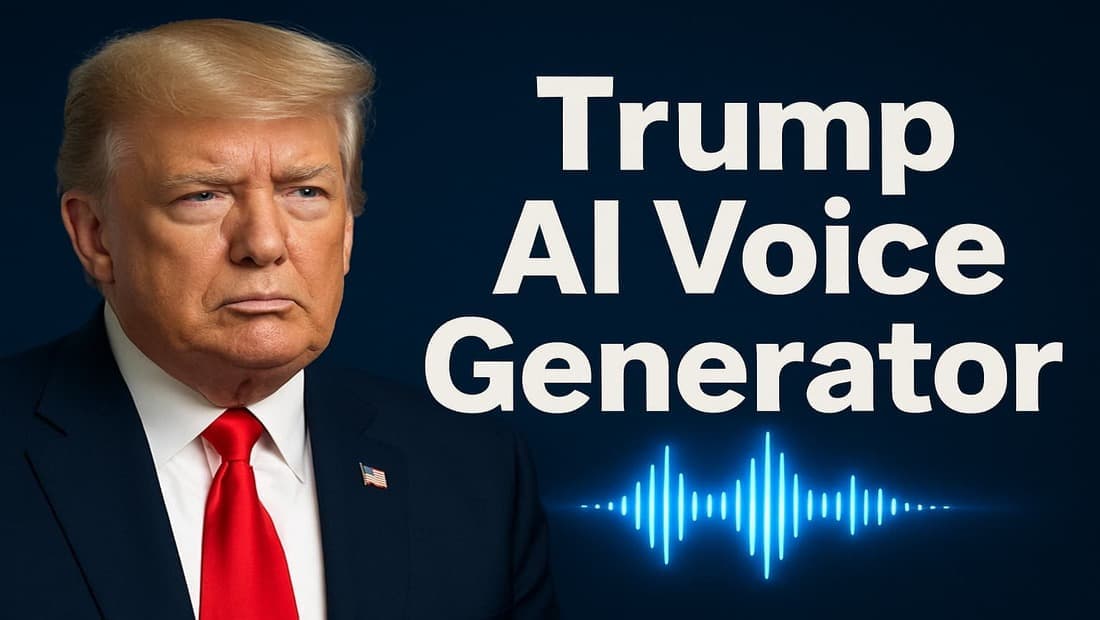 Image of Donald Trump next to the text "Trump AI Voice Generator" and a sound wave graphic, representing AI tools for generating Trump's voice.
