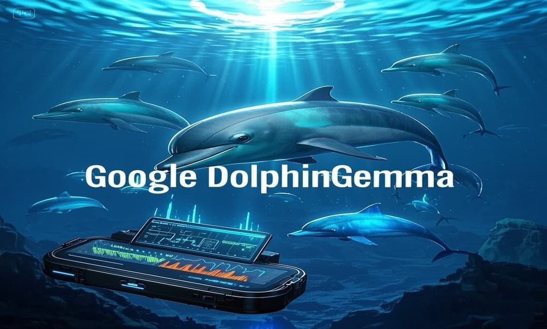 دلافين تسبح تحت الماء بالقرب من جهاز متطور يعرض تحليلاً للموجات الصوتية ويحمل نص "Google DolphinGemma"