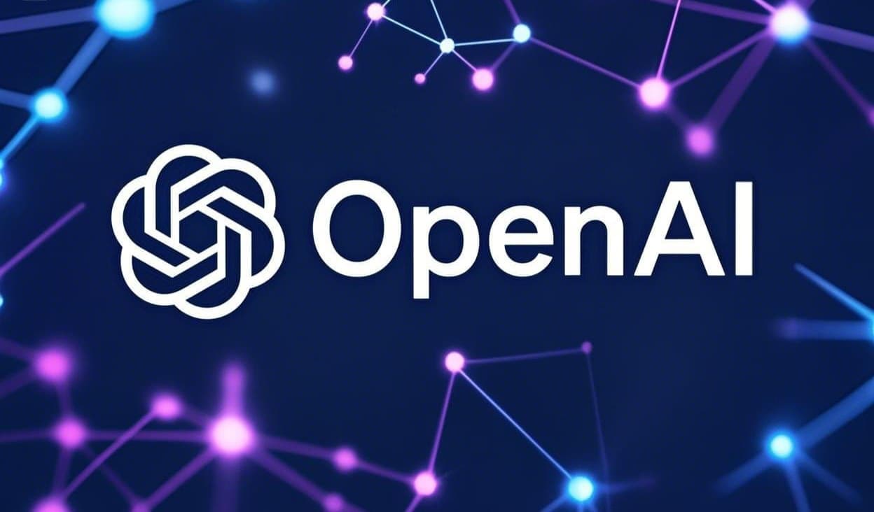 Official OpenAI logo (text and symbol) displayed over an abstract background depicting AI network connections in blue and purple.