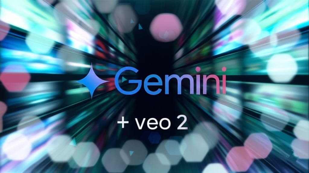 Image illustrating Google's Gemini and Veo 2 integration for AI video creation, featuring the Gemini logo and '+ veo 2' text over a dynamic, radiant light background.