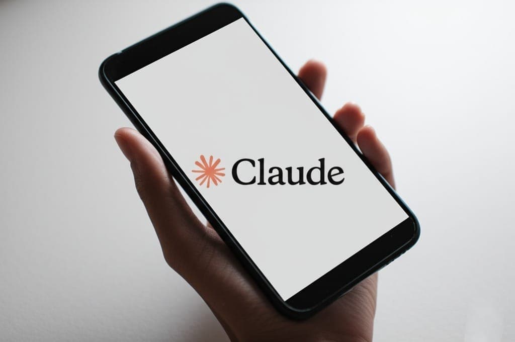 Hand holding a smartphone displaying the Anthropic Claude AI assistant logo