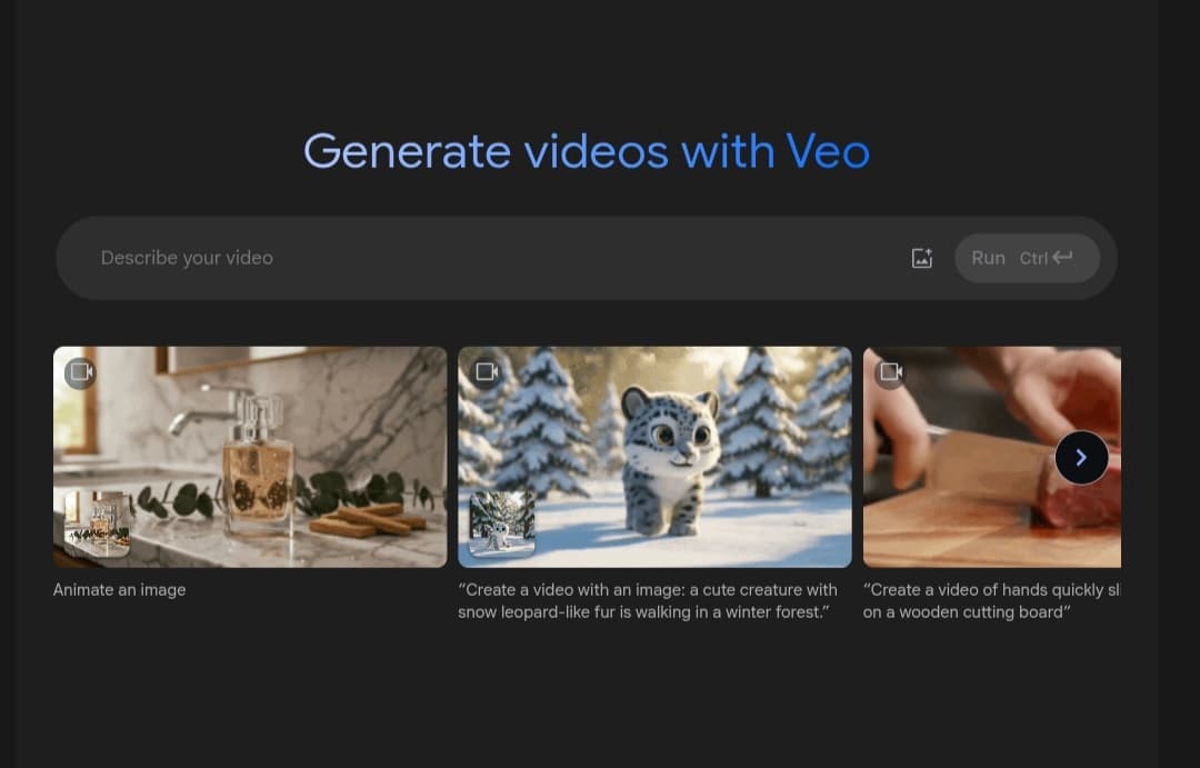 User interface of the Veo-2 model in Google AI Studio for AI-powered video generation, showing example results and interface features.