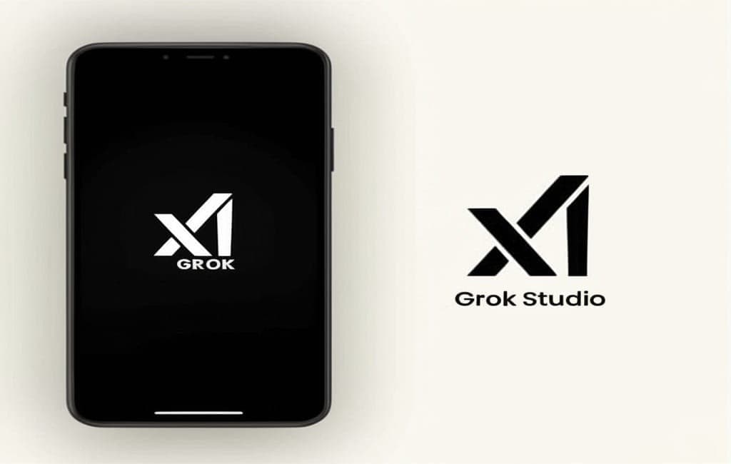 شعار تطبيق Grok على شاشة هاتف وشعار أداة Grok Studio، يمثلان الميزات الجديدة التي أطلقتها xAI.