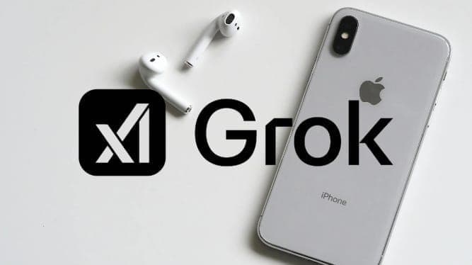 شعار Grok من xAI بجوار هاتف آيفون وسماعات AirPods يوضح ميزة Grok Vision الجديدة على iOS