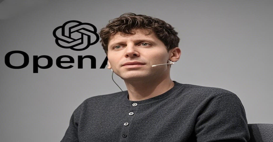 Sam Altman, OpenAI CEO, with the company logo in the background.