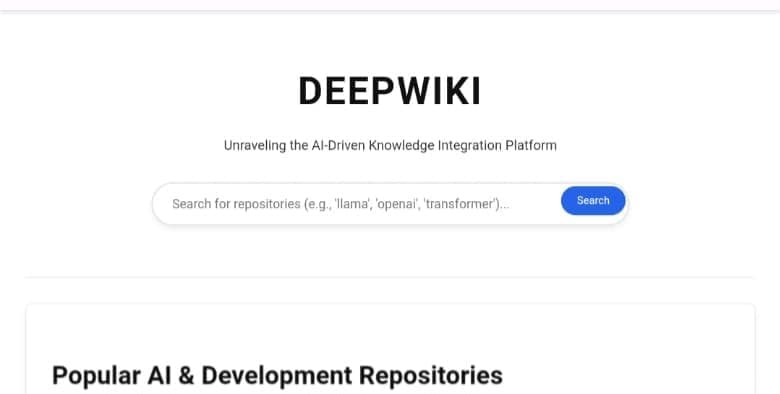 Screenshot of the DeepWiki AI platform interface, showing the main search bar used to find and understand GitHub repositories with AI analysis.