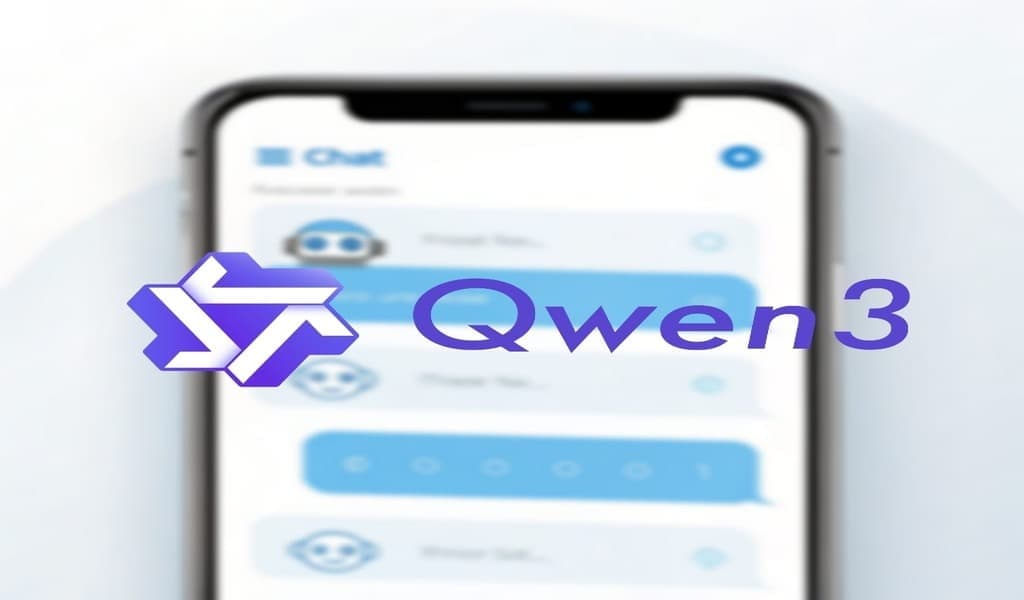 شعار شركة على بابا بجوار اسم نموذجها الجديد Qwen3 على خلفية هاتف تمثل الدردشة مع الذكاء الاصطناعي