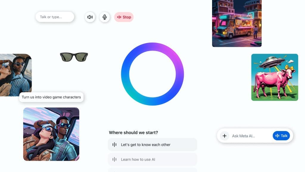 صورة لواجهة تطبيق Meta AI الجديد من ميتا، تظهر عناصر المحادثة الصوتية وتوليد الصور بالذكاء الاصطناعي، ونظارة Ray-Ban الذكية.