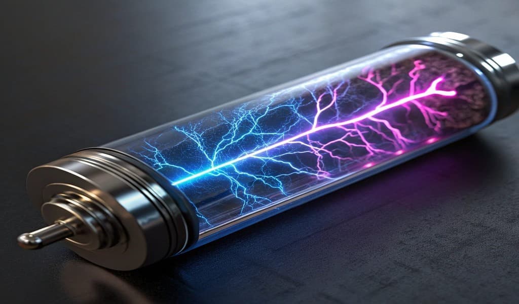 A conceptual image of a futuristic battery glowing with electric bolts inside, symbolizing the achievement of developing high-performance batteries using AI in materials science.