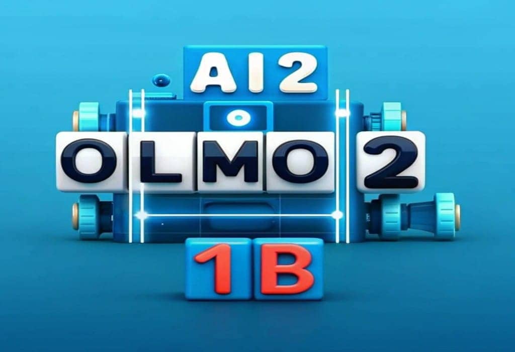 صورة ثلاثية الأبعاد تعرض اسم نموذج الذكاء الاصطناعي Olmo 2 1B من مؤسسة Ai2، مع الإشارة إلى حجم النموذج 1B.