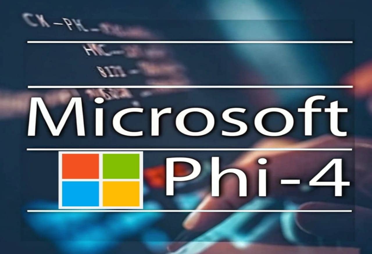 صورة تعرض شعار مايكروسوفت ونص "Microsoft Phi-4" على خلفية تقنية، تمثل نموذج الذكاء الاصطناعي Phi-4-Reasoning-Plus الجديد بقدرات التفكير المتقدمة.