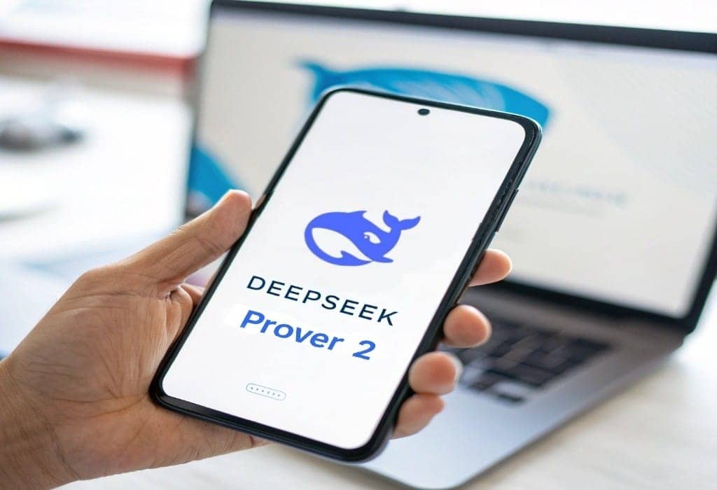 A phone screen showing the DeepSeek logo and the text Prover 2, representing the updated AI model for mathematics.