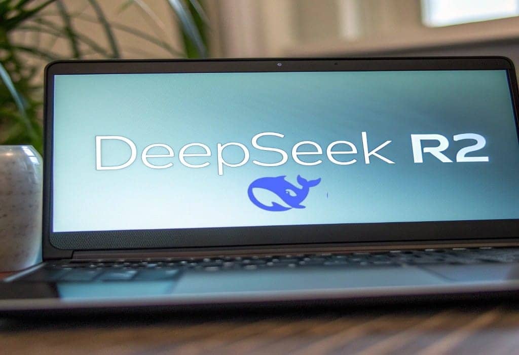 A laptop screen displaying the name and logo of the Chinese AI model DeepSeek R2, positioned as a rival to GPT-4o and a challenge to Nvidia.