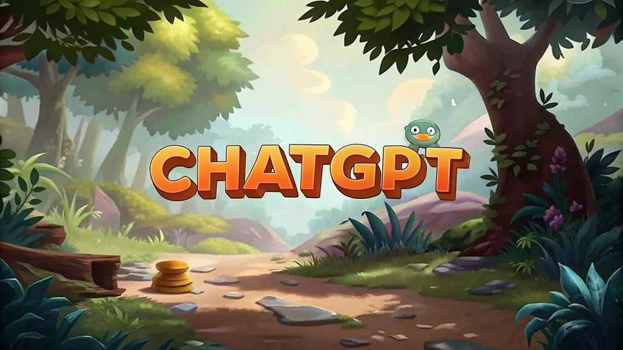 صورة توضيحية كرتونية ملونة تعرض نص 'CHATGPT' برتقالي كبير في مشهد غابة طبيعية مع مسار وأشجار. يجلس مخلوق أخضر صغير يشبه الطائر على حرف T. توجد أكوام من العملات الذهبية بجوار المسار، ترمز لفرصة الربح المفترضة من كتب الأطفال بالذكاء الاصطناعي.
