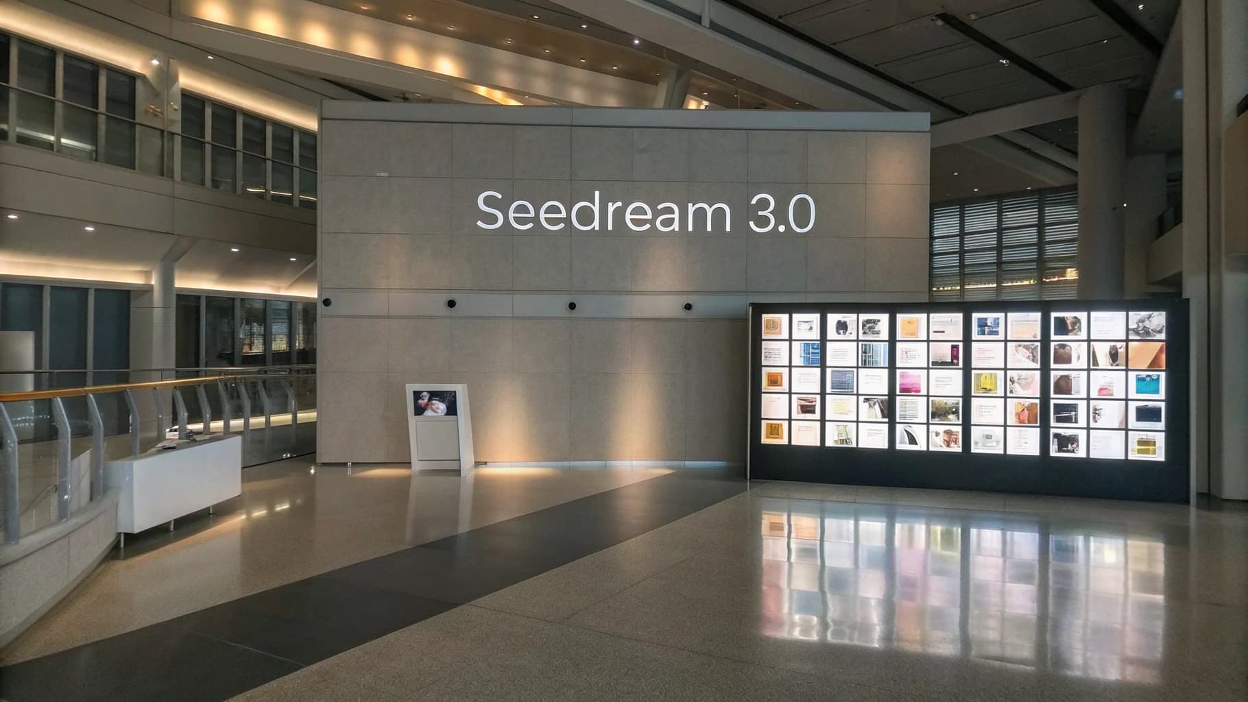 صورة واسعة تظهر داخل قاعة عرض حديثة، حيث تُعرض على جدار مجموعة من الصور المتنوعة عالية الجودة. ويظهر اسم النموذج "Seedream 3.0" مكتوب بخط كبير وواضح.