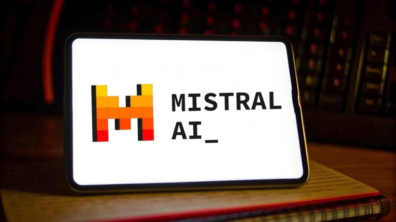 اسم وشعار شركة ميسترال للذكاء الاصطناعي (Mistral AI) على شاشة تابلت.