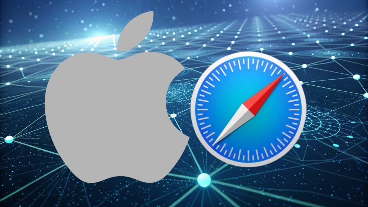 شعار Apple وأيقونة متصفح سفاري على خلفية شبكة رقمية تمثل الذكاء الاصطناعي، ترمز لتوجه آبل نحو دمج محركات البحث المدعومة بالذكاء الاصطناعي في سفاري.